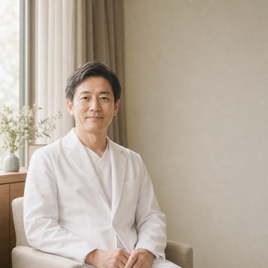 白衣姿でやわらかく微笑む院長 田中太郎の写真。