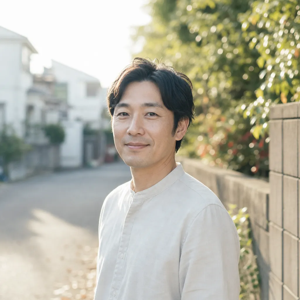 住宅街の道で立ち止まり穏やかに微笑む院長・田中太郎の屋外ポートレート