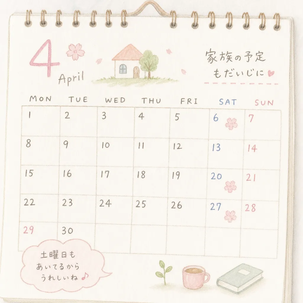 土曜日にも予定が入れられる手描き風カレンダー