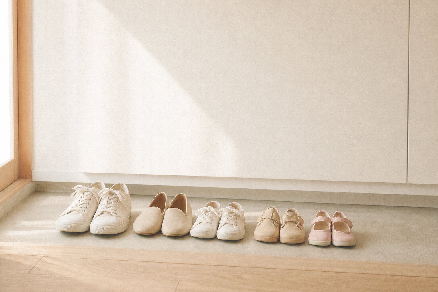 玄関に並べられた家族それぞれの小さな靴。大人から子どもまで5足。