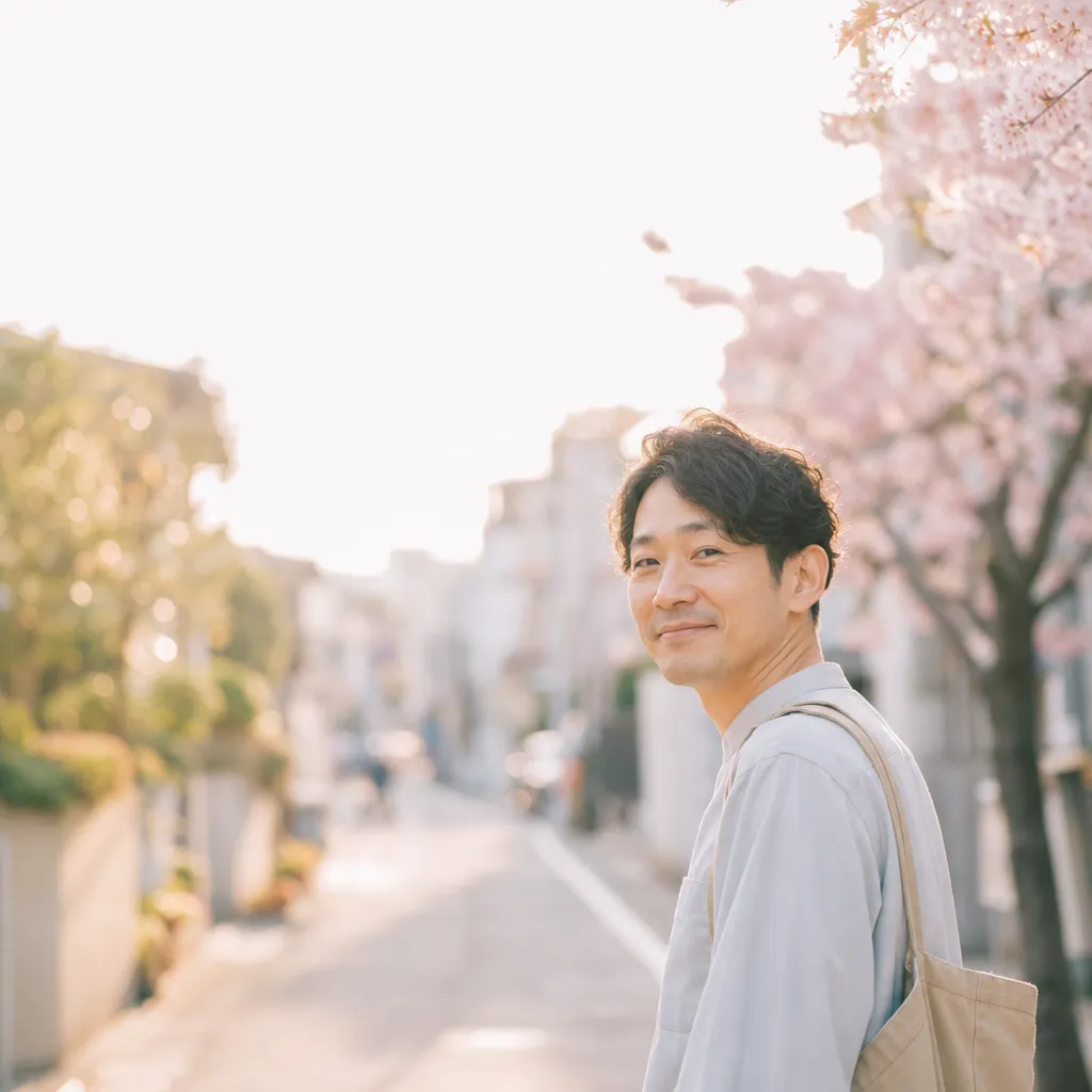 桜並木の帰り道、振り返って柔らかく微笑む院長の屋外スナップ写真