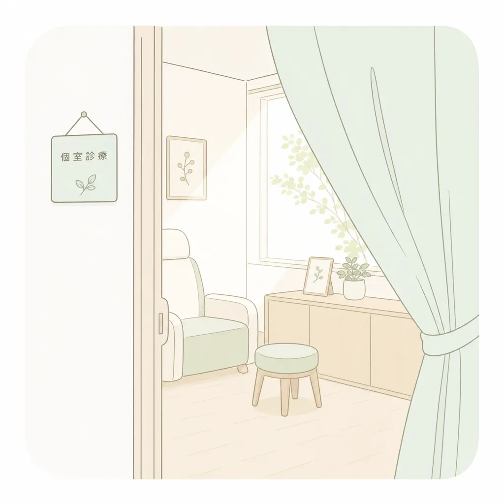 個室診療を表すやわらかいイラスト。カーテンの奥に静かな診察室が見える