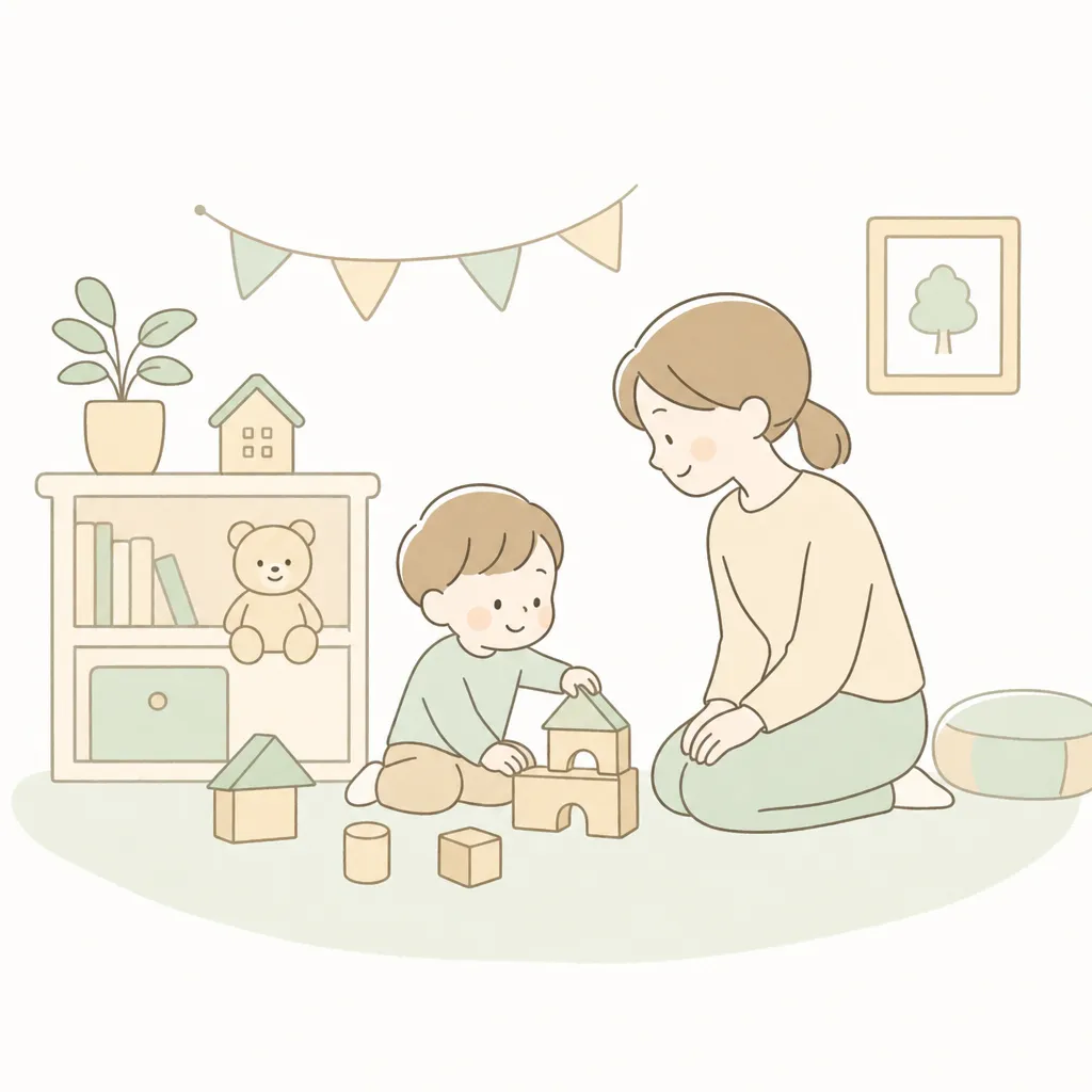 キッズスペースで親子が積み木で遊ぶやわらかいイラスト