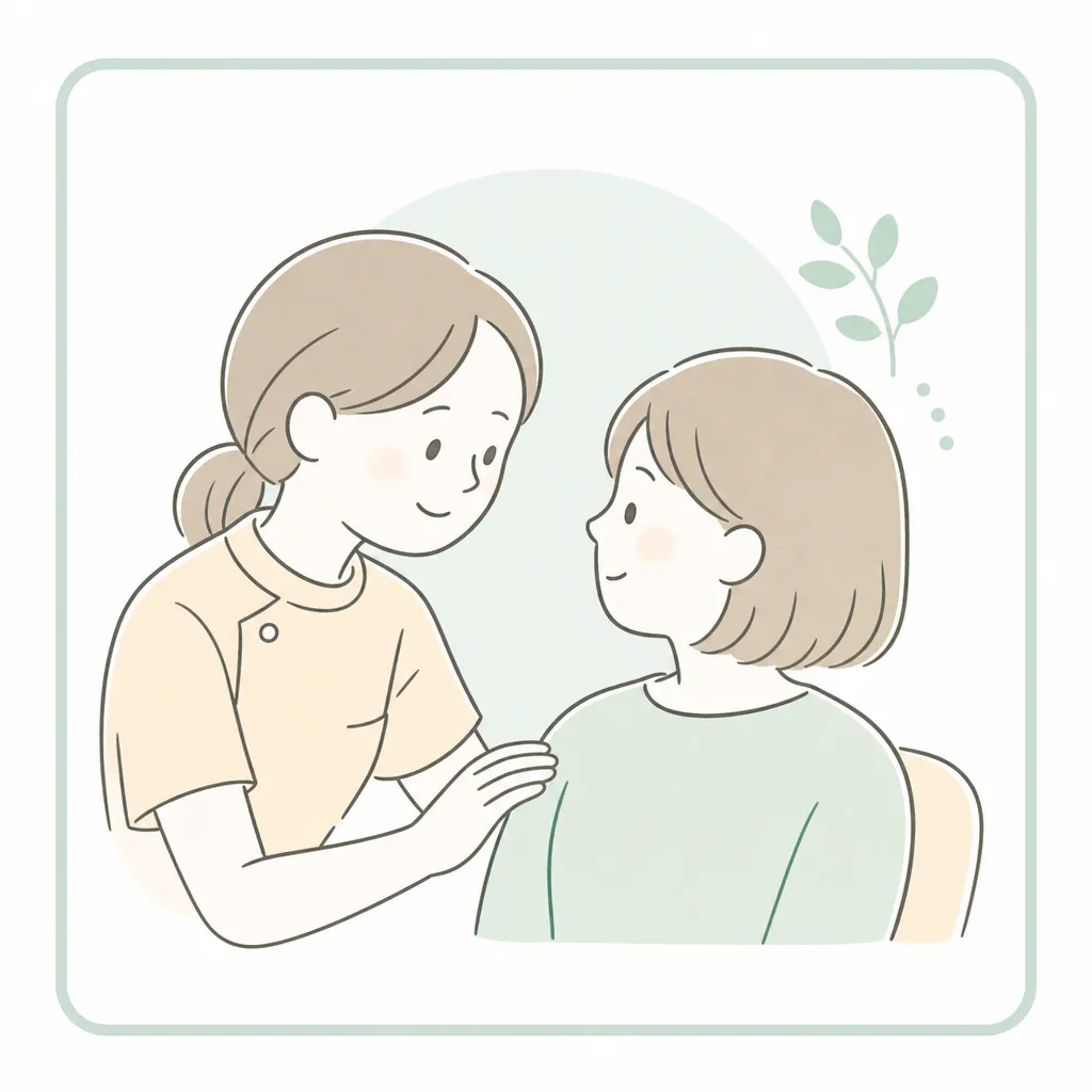 スタッフが患者に寄り添って話しかけるやわらかいイラスト。痛みへの配慮を表す