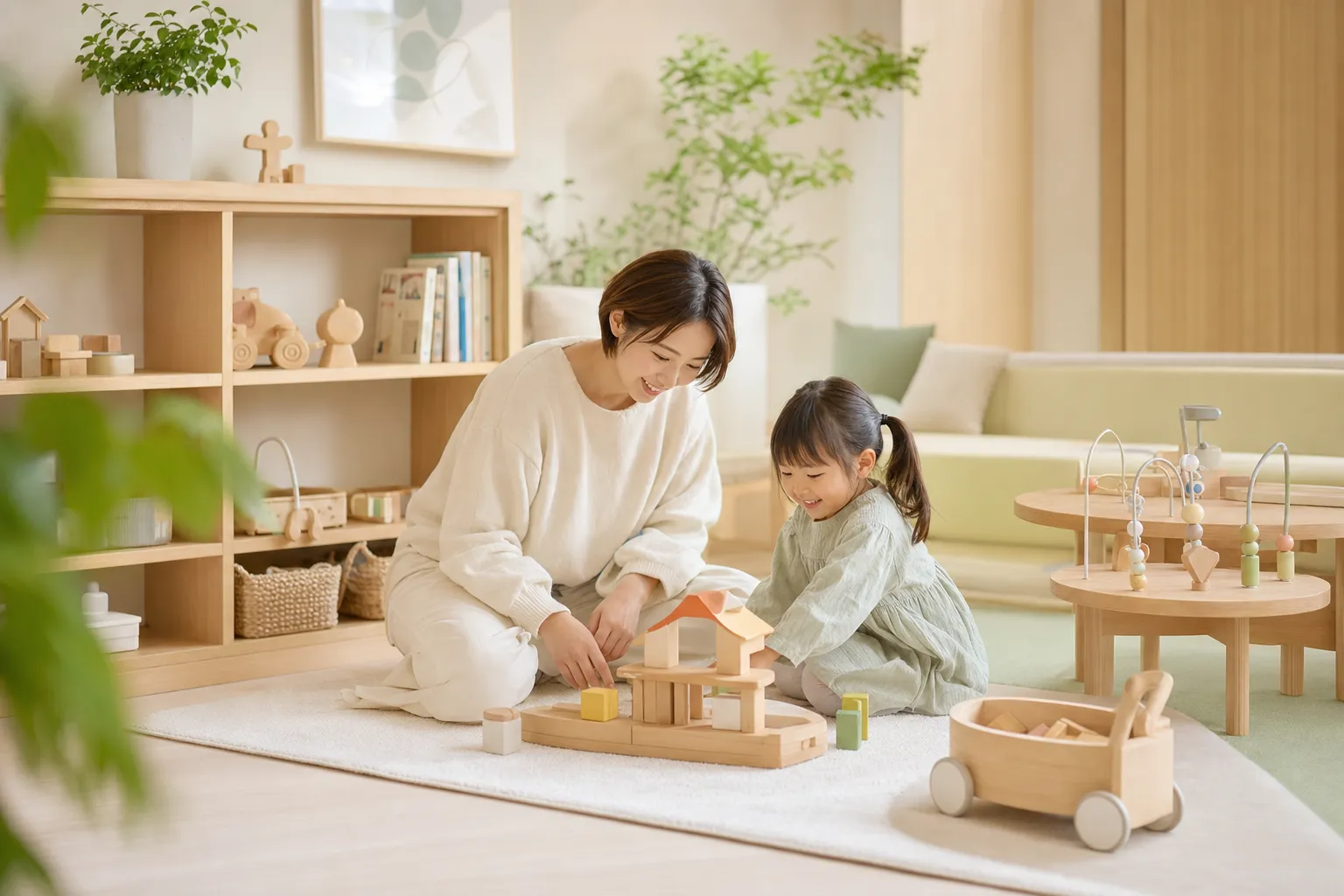 キッズスペースの写真。親子が床で一緒に遊んでいる様子